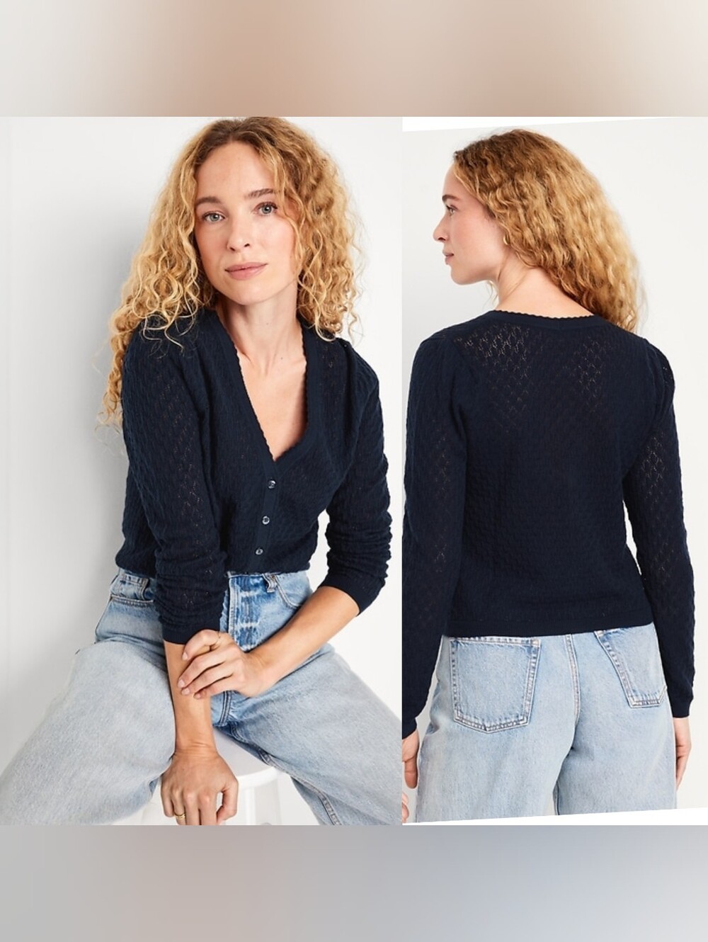 Old Navy SoSoft Lite V-Neck Pointelle Cardigan Navy Blue S
